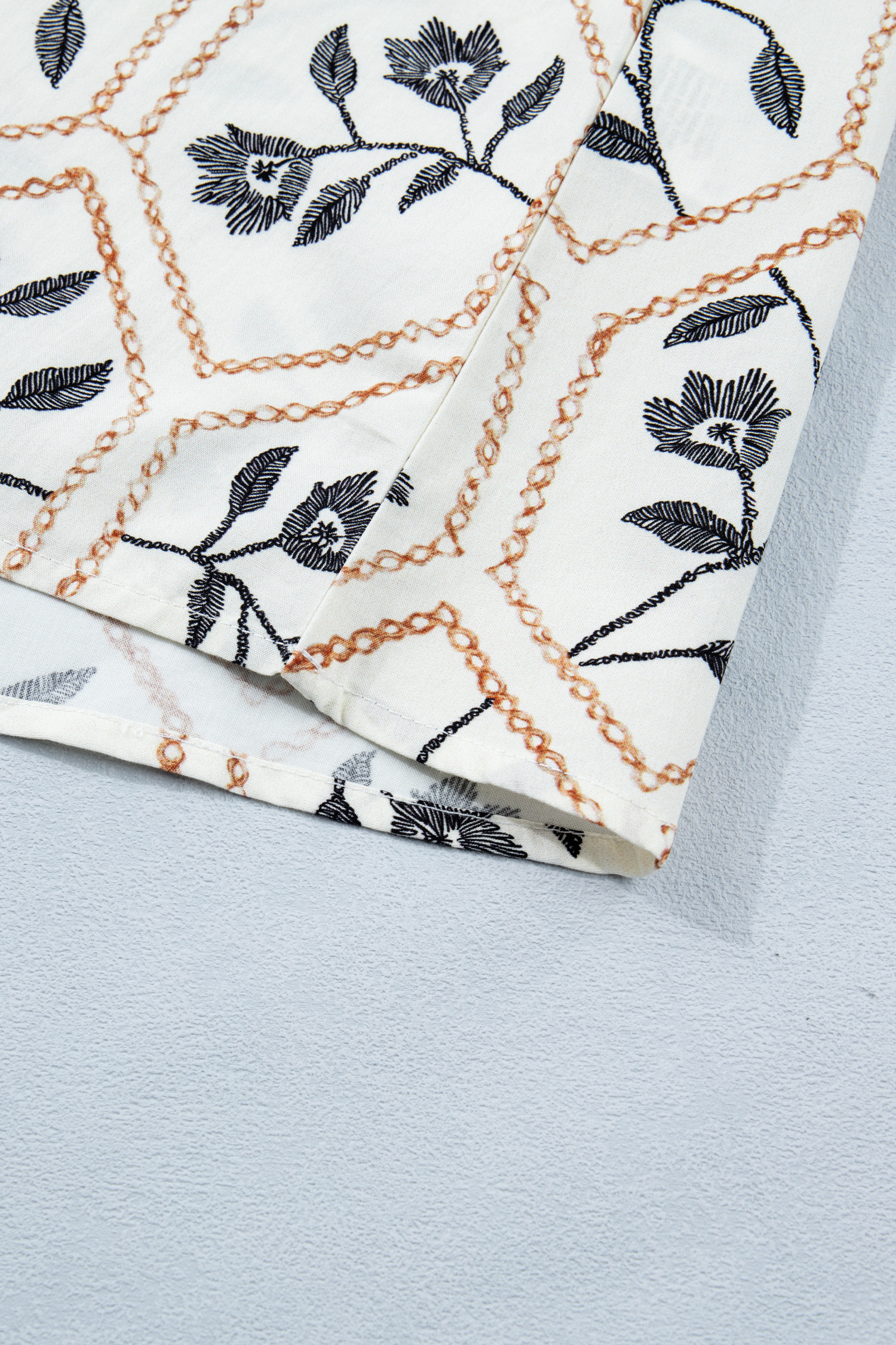 White Floral Print Striped Patchwork Button Neck Short Sleeve Blouse