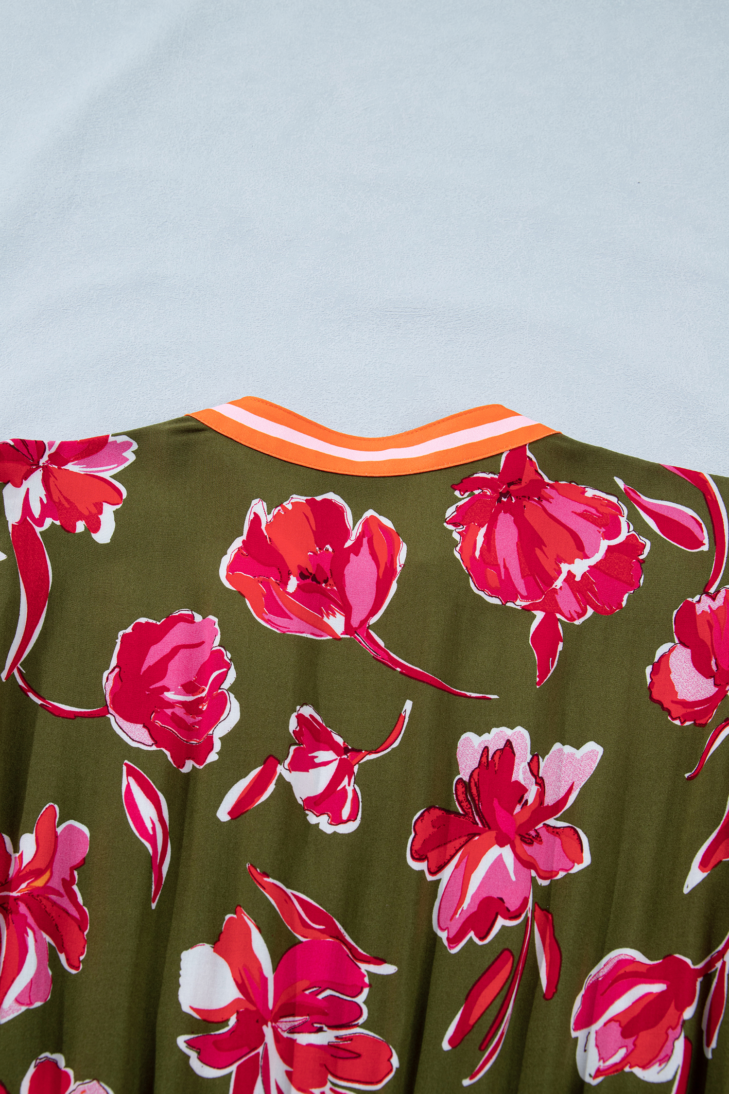 Green Floral Print Striped Trim Split Neck Short Puff Sleeve Ruffle Hem Maxi Dress