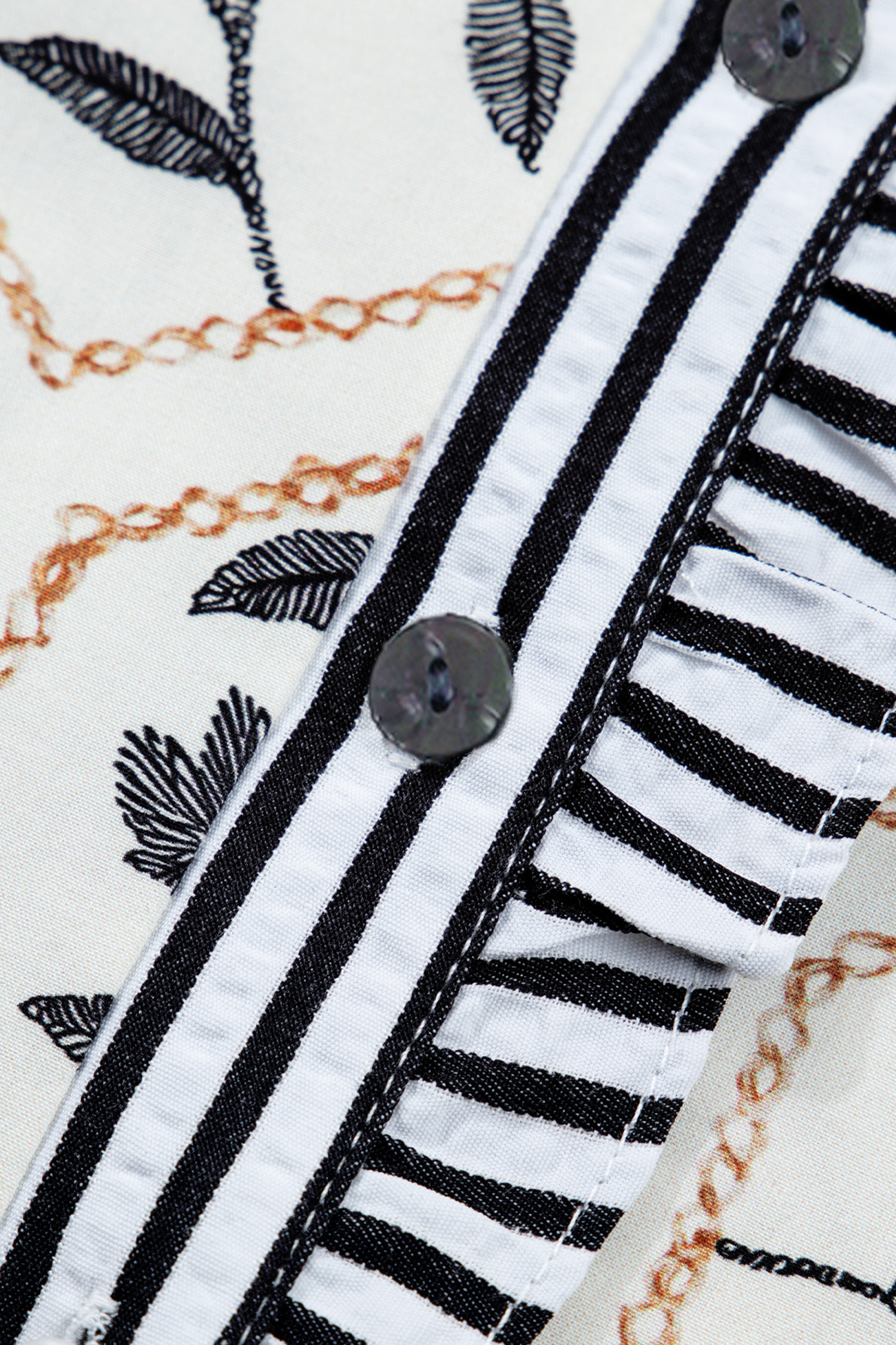 White Floral Print Striped Patchwork Button Neck Short Sleeve Blouse