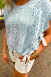 Beau Blue Pointelle Knit Patterned Scalloped Trim Short Sleeve Sweater