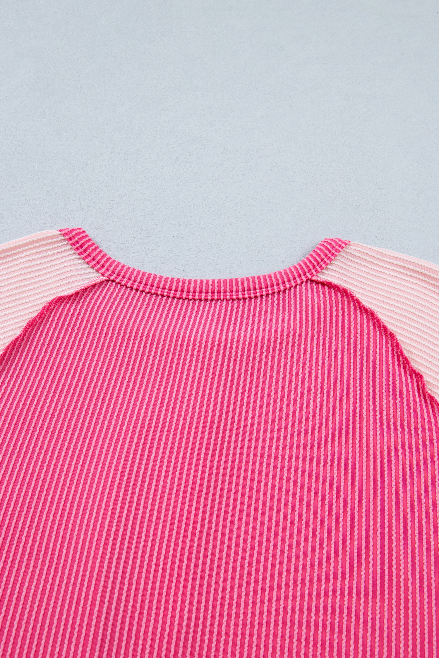 Bright Pink Plus Size Twisted Rib Color Block Patchwork Short Sleeve Henley Top