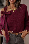 Burgundy Lace Bowknot Asymmetric Neck Sweater