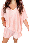 Pink Abstract Print V Neck Loose Tee Drawstring Shorts 2pcs Outfit