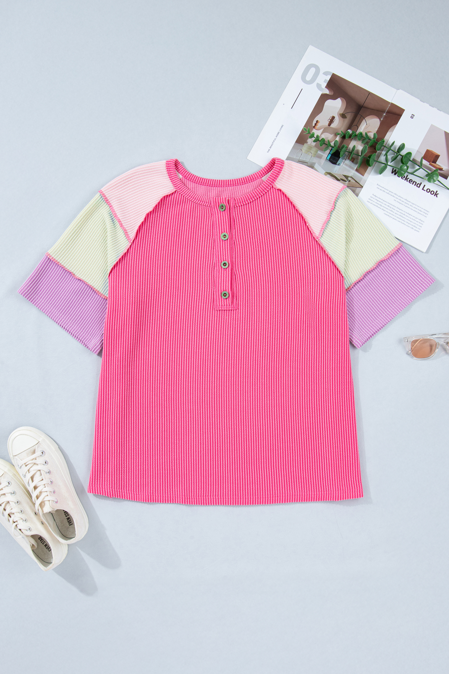 Bright Pink Plus Size Twisted Rib Color Block Patchwork Short Sleeve Henley Top