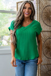 Dark Green Twisted Texture Knit V Neck T Shirt