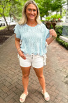 Beau Blue Pointelle Knit Patterned Scalloped Trim Short Sleeve Sweater