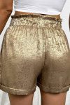 Gold Metallic Luster Tie Elastic Waist Cuffed Hem Shorts