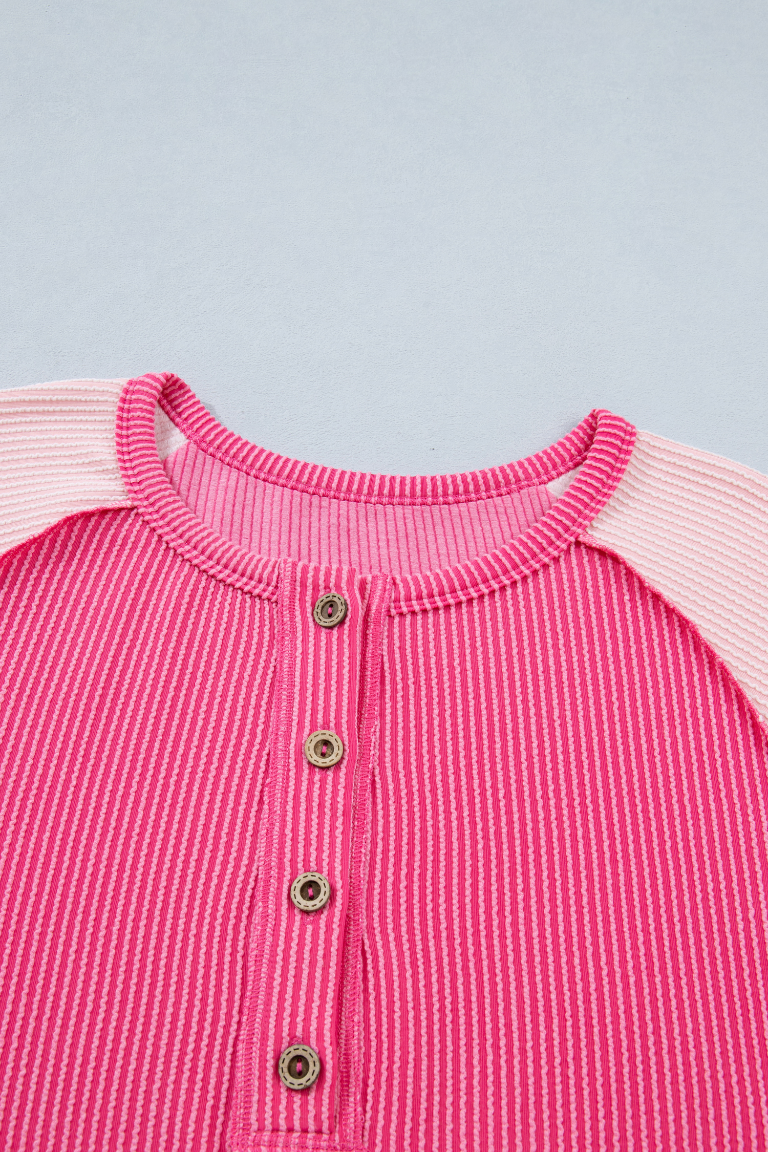 Bright Pink Plus Size Twisted Rib Color Block Patchwork Short Sleeve Henley Top