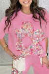 Bright Pink Floral Patched Raw Seam Big Flower Oversize Tee