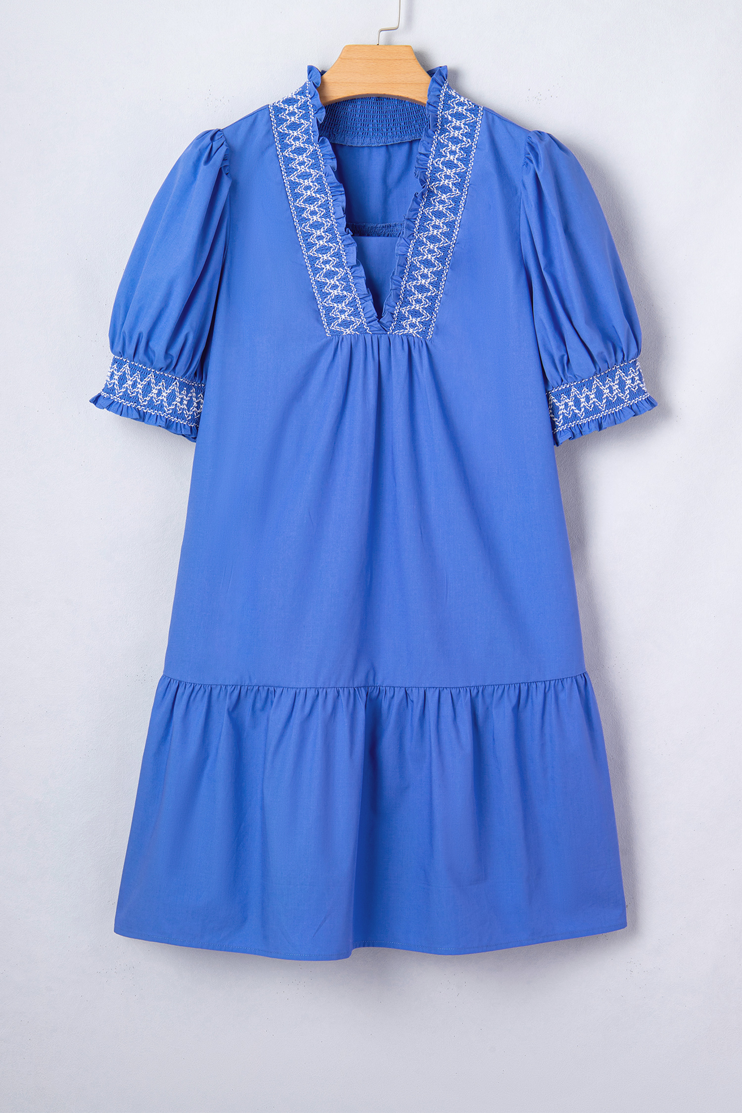 Sky Blue Embroidered Smocked Detail V Neck Short Puff Sleeve Mini Dress