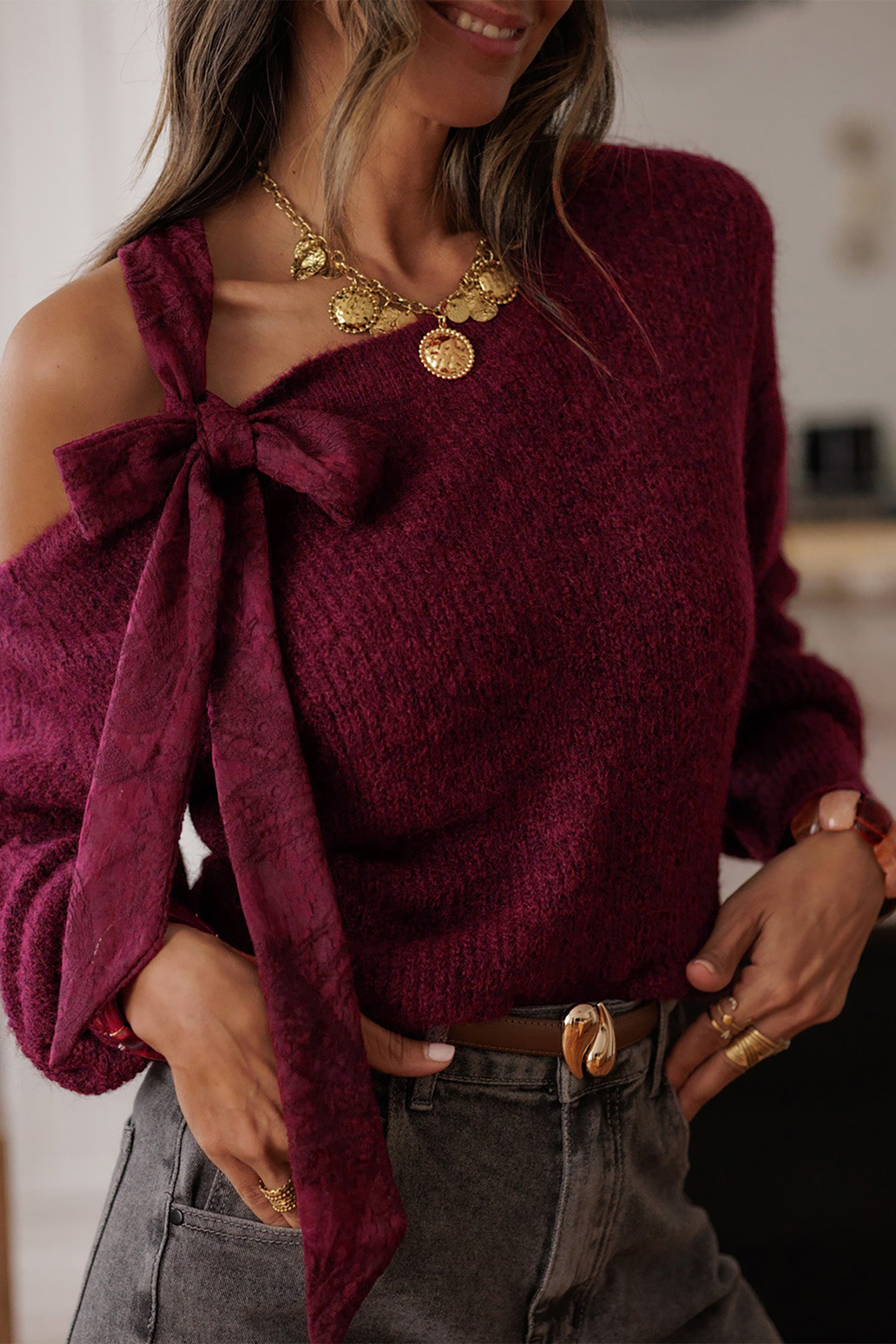 Burgundy Lace Bowknot Asymmetric Neck Sweater
