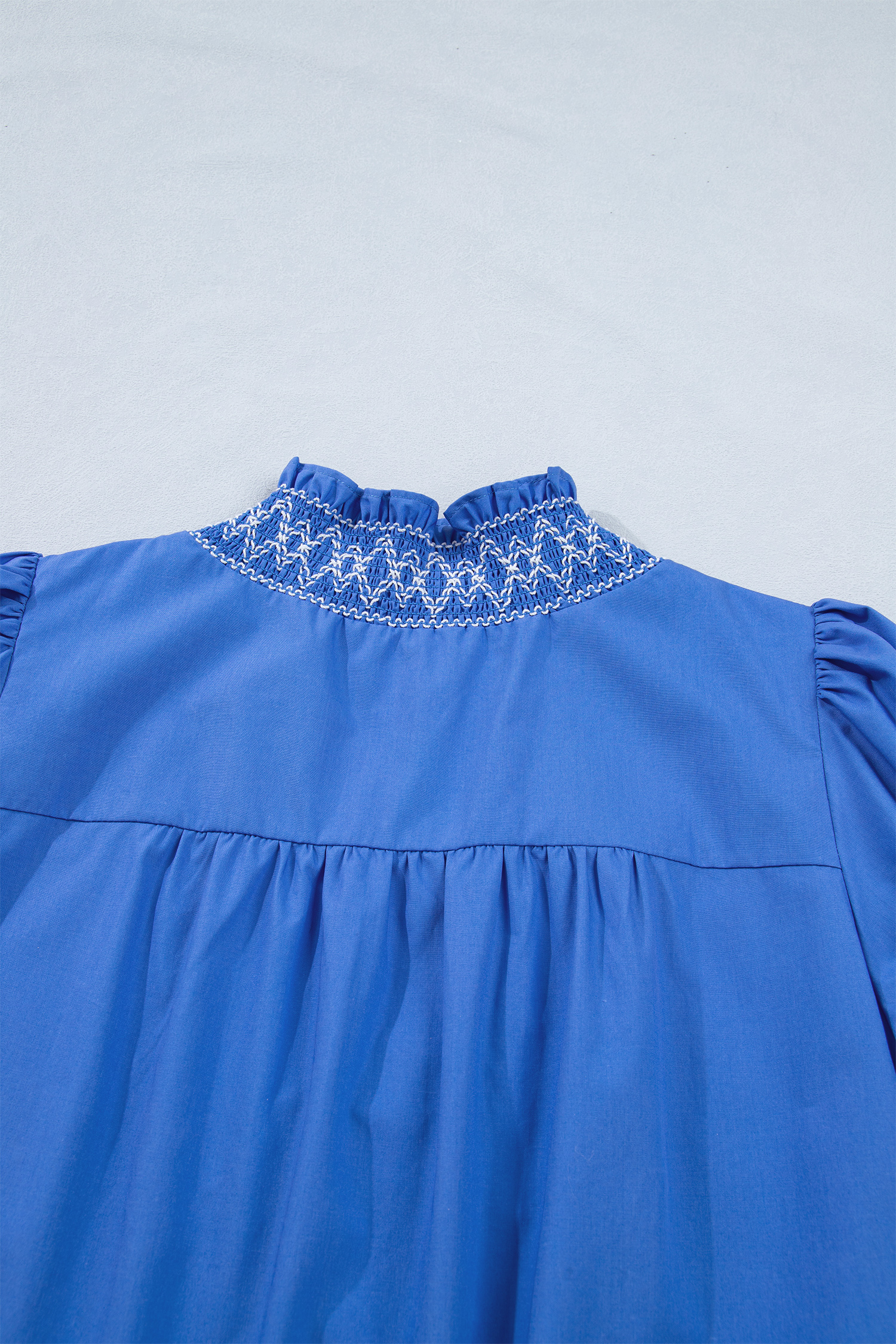 Sky Blue Embroidered Smocked Detail V Neck Short Puff Sleeve Mini Dress