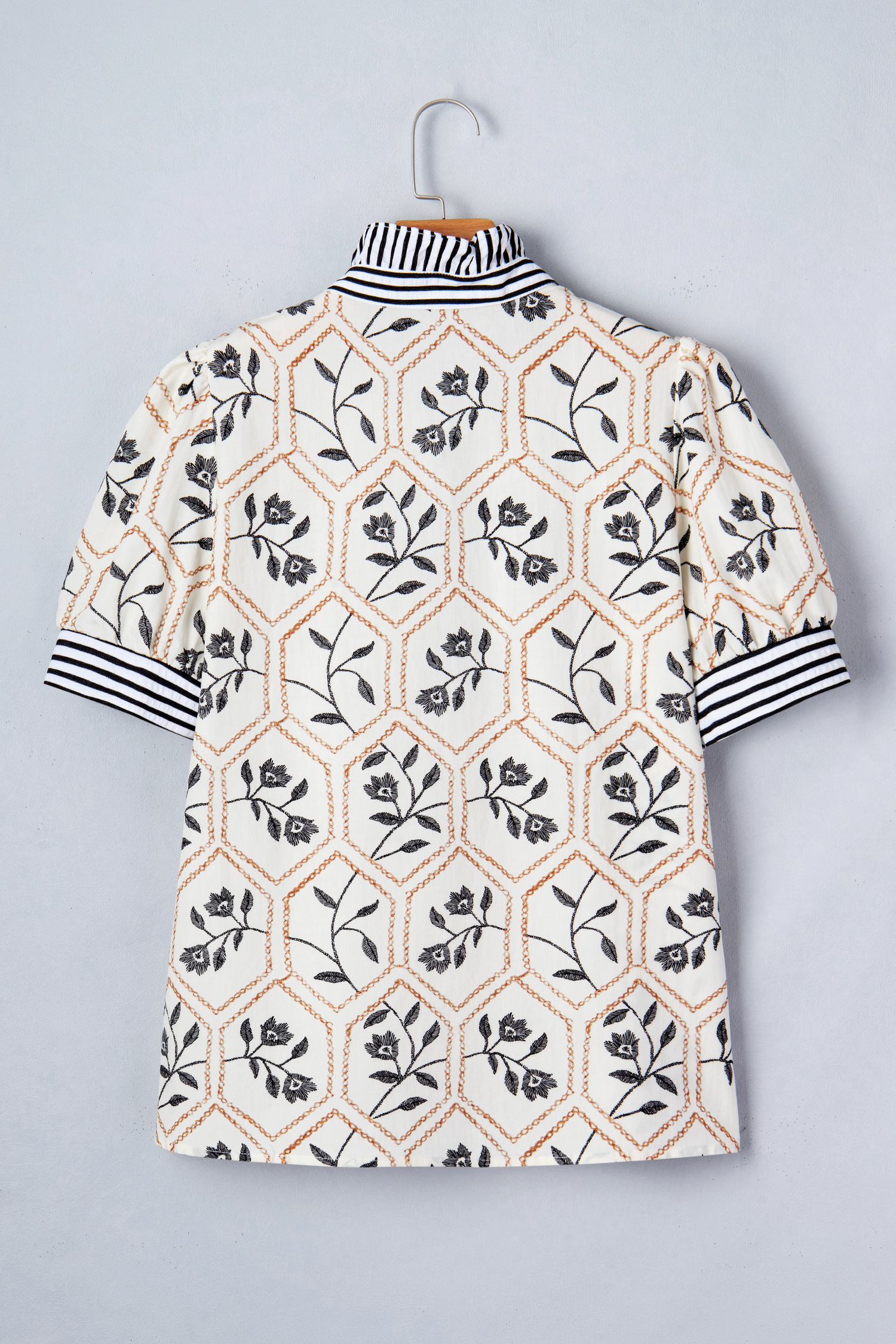 White Floral Print Striped Patchwork Button Neck Short Sleeve Blouse