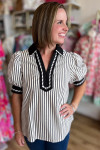 Black Stripe Collared Split Neck Short Bubble Sleeve Blouse