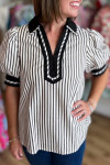 Black Stripe Collared Split Neck Short Bubble Sleeve Blouse