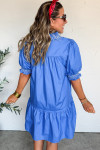Sky Blue Embroidered Smocked Detail V Neck Short Puff Sleeve Mini Dress