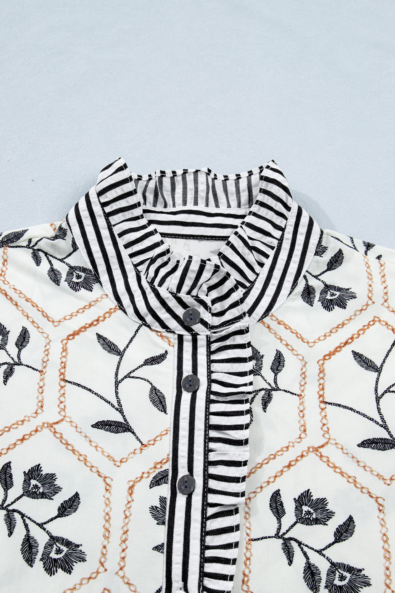 White Floral Print Striped Patchwork Button Neck Short Sleeve Blouse