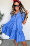 Sky Blue Embroidered Smocked Detail V Neck Short Puff Sleeve Mini Dress