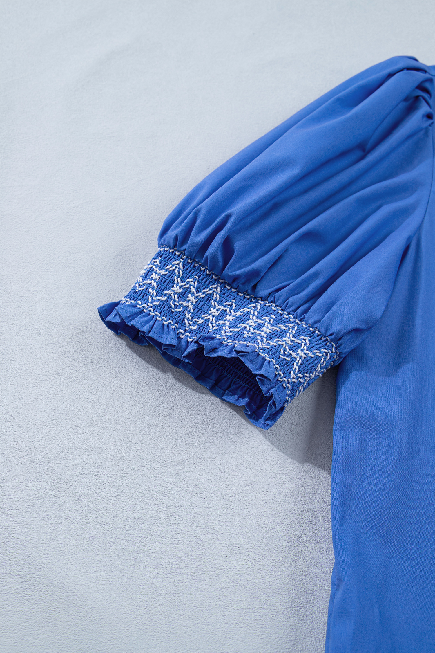 Sky Blue Embroidered Smocked Detail V Neck Short Puff Sleeve Mini Dress