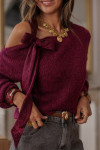 Burgundy Lace Bowknot Asymmetric Neck Sweater