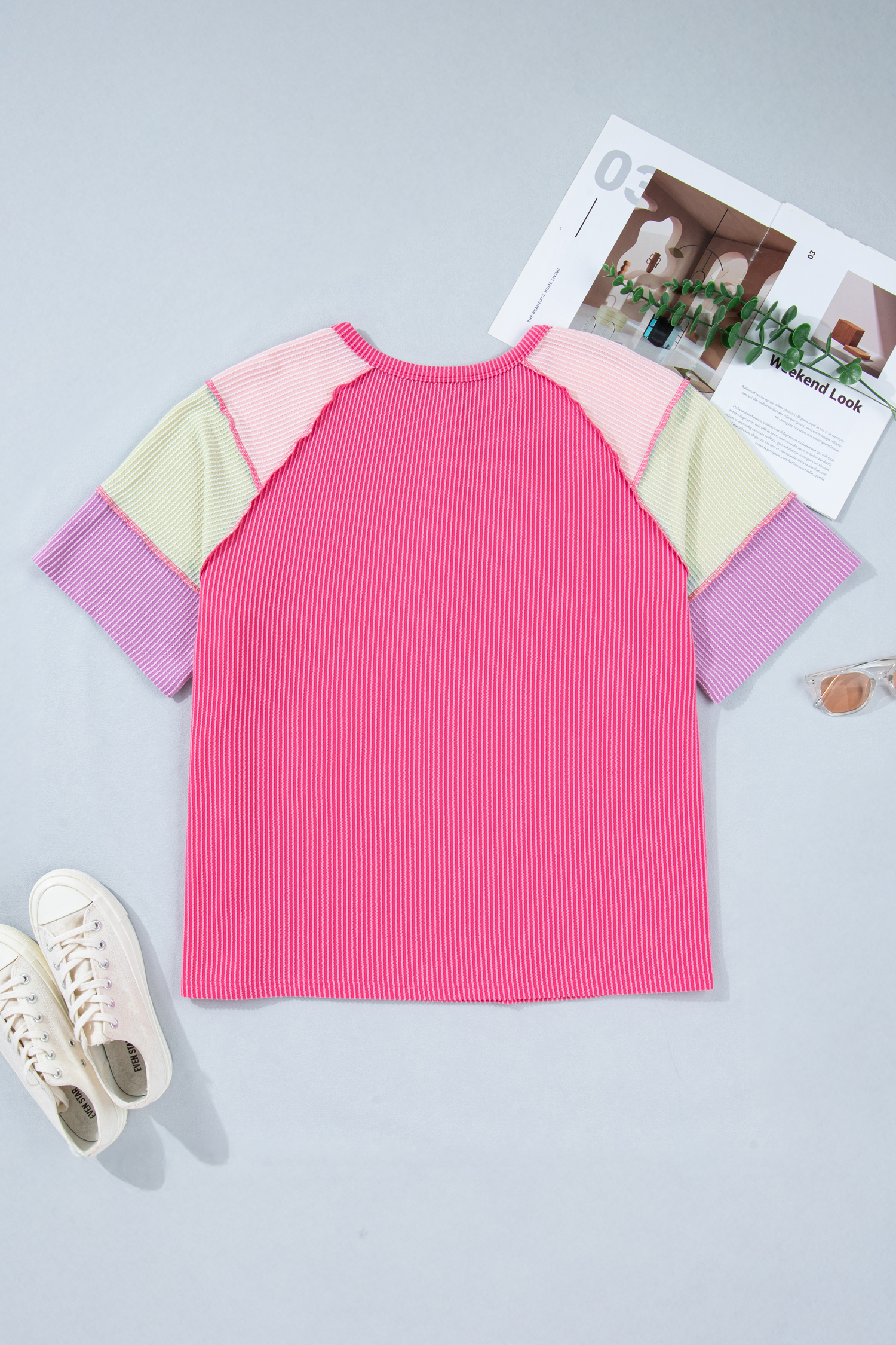 Bright Pink Plus Size Twisted Rib Color Block Patchwork Short Sleeve Henley Top
