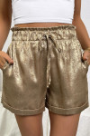 Gold Metallic Luster Tie Elastic Waist Cuffed Hem Shorts