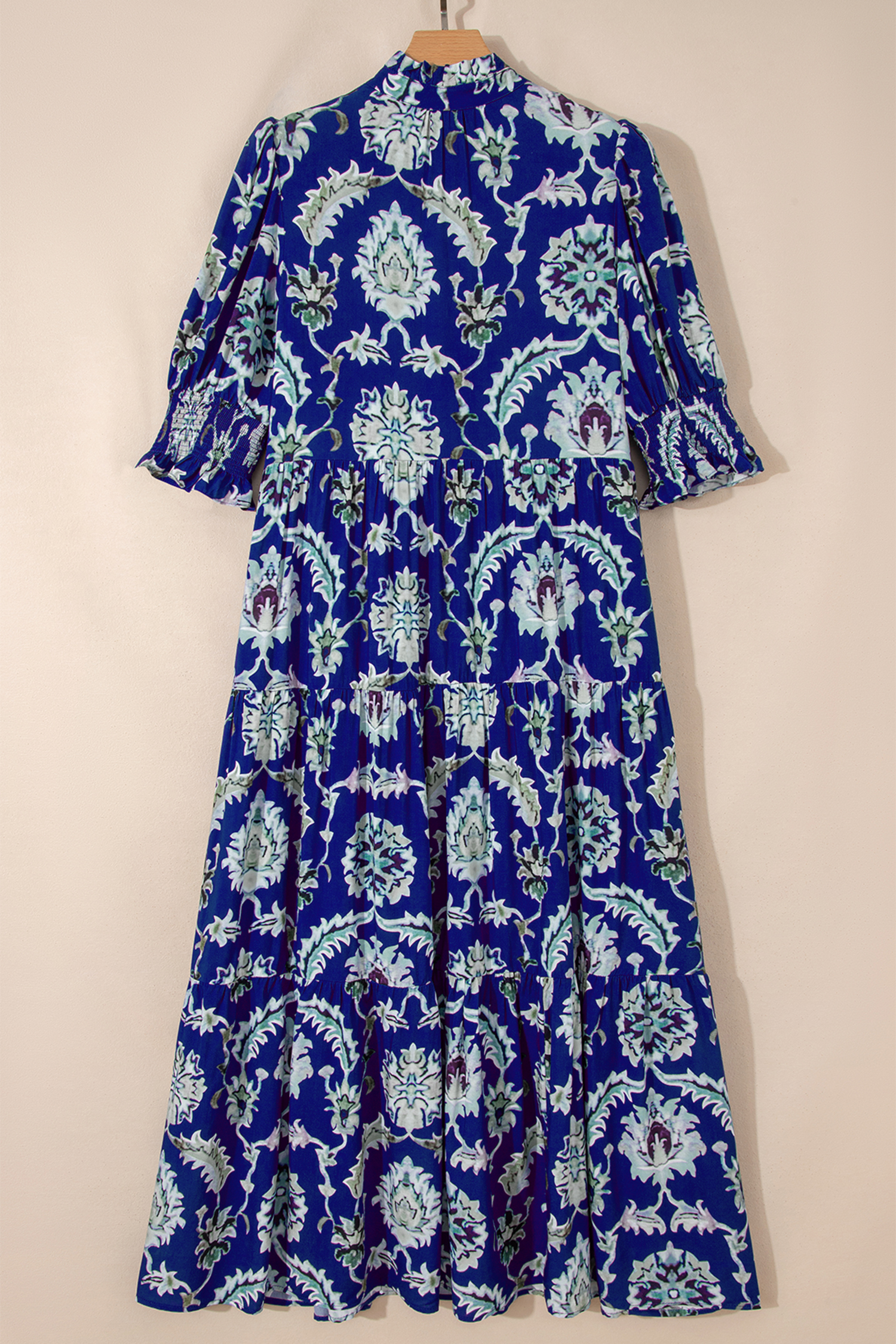 Blue Wild Floral Print Frilled Collar Half Sleeve Long Dress view 15