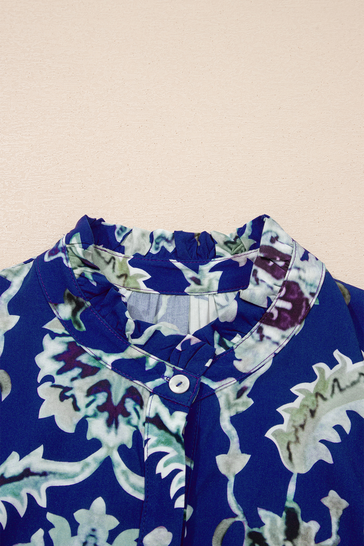 Blue Wild Floral Print Frilled Collar Half Sleeve Long Dress view 16