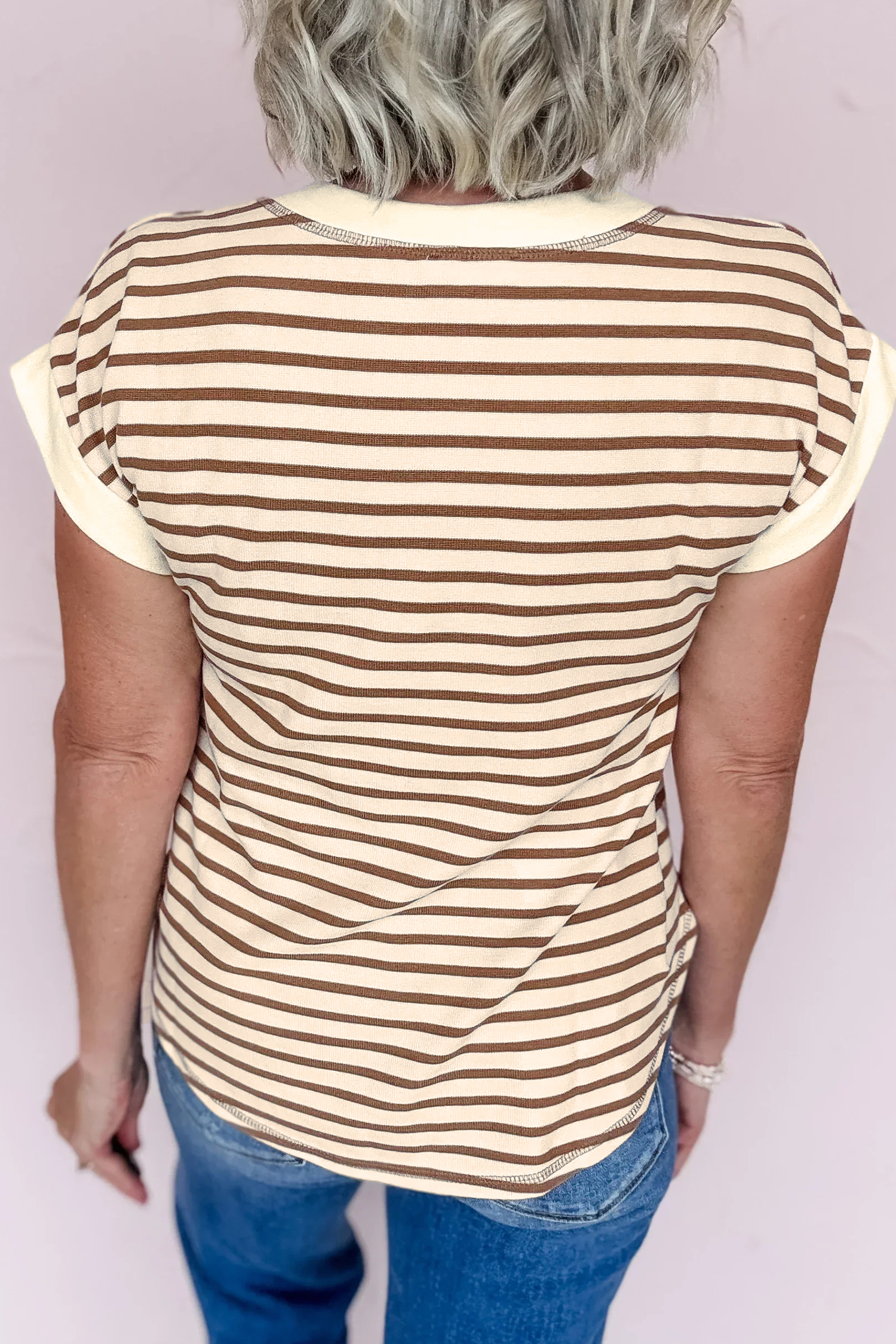 Khaki Stripe Half Buttons Round Neck T Shirt view 8