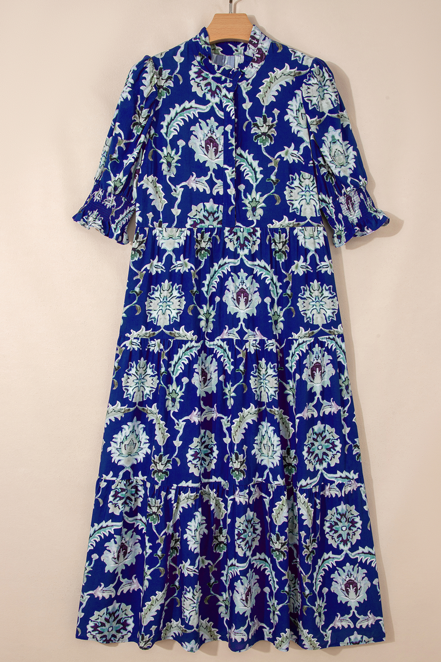 Blue Wild Floral Print Frilled Collar Half Sleeve Long Dress view 14
