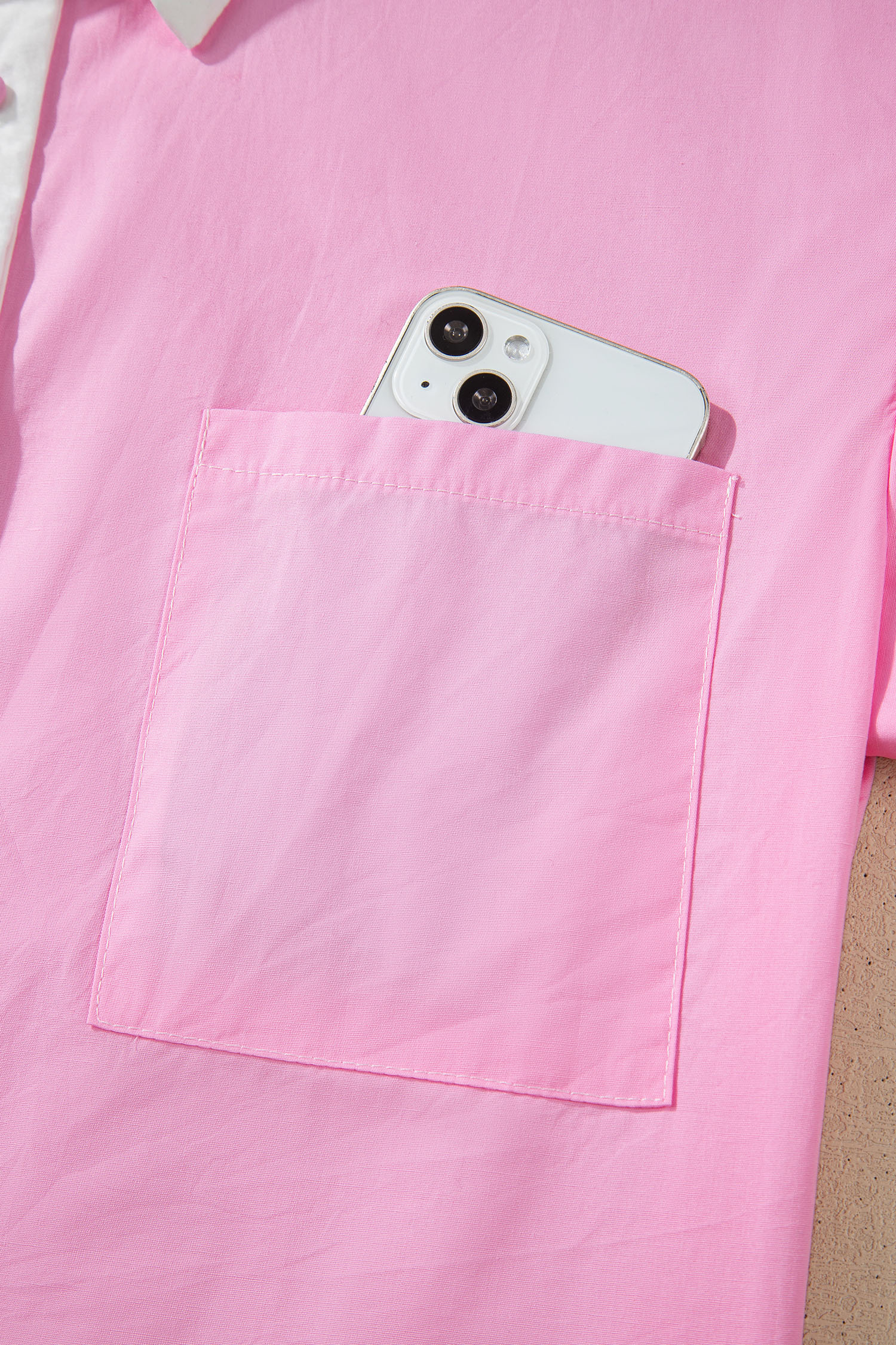 Pink Hollow-out Floral Contrast Patchwork Short Sleeve Button Up Shirt view 19