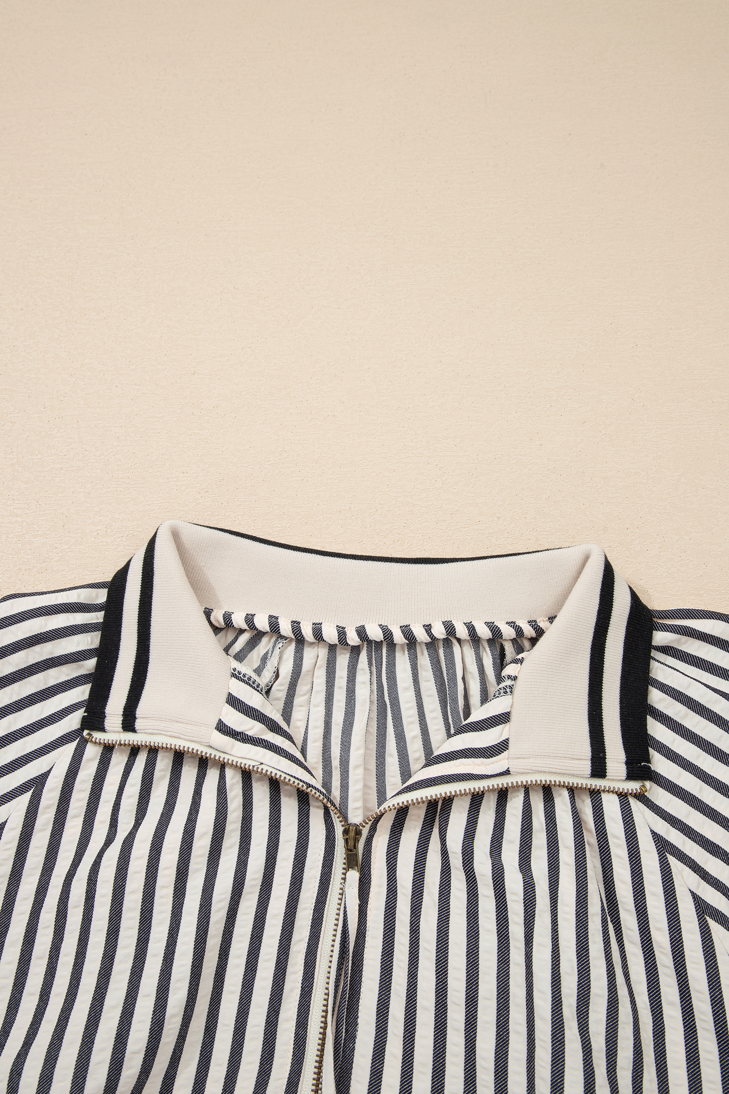 Black Stripe Polo Collar Half Zip Short Puff Sleeve Blouse view 19