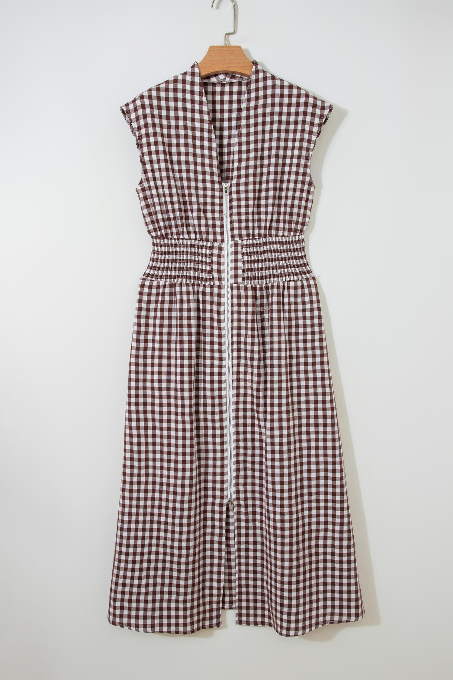 Coffee Plaid Print Full Zipper Cinched Waist Fit Flare Sleeveless Maxi Dress view 13