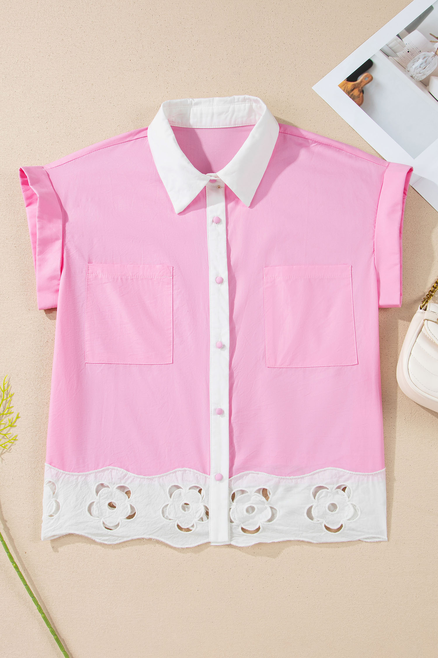 Pink Hollow-out Floral Contrast Patchwork Short Sleeve Button Up Shirt view 13