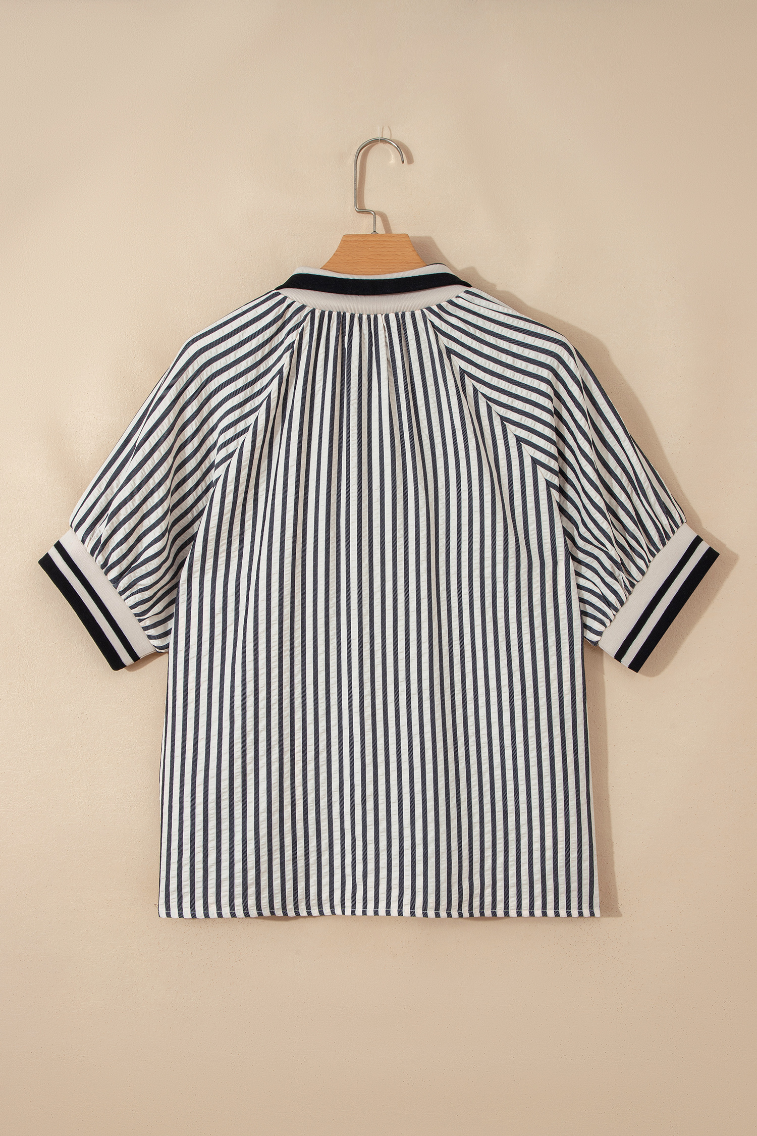 Black Stripe Polo Collar Half Zip Short Puff Sleeve Blouse view 18