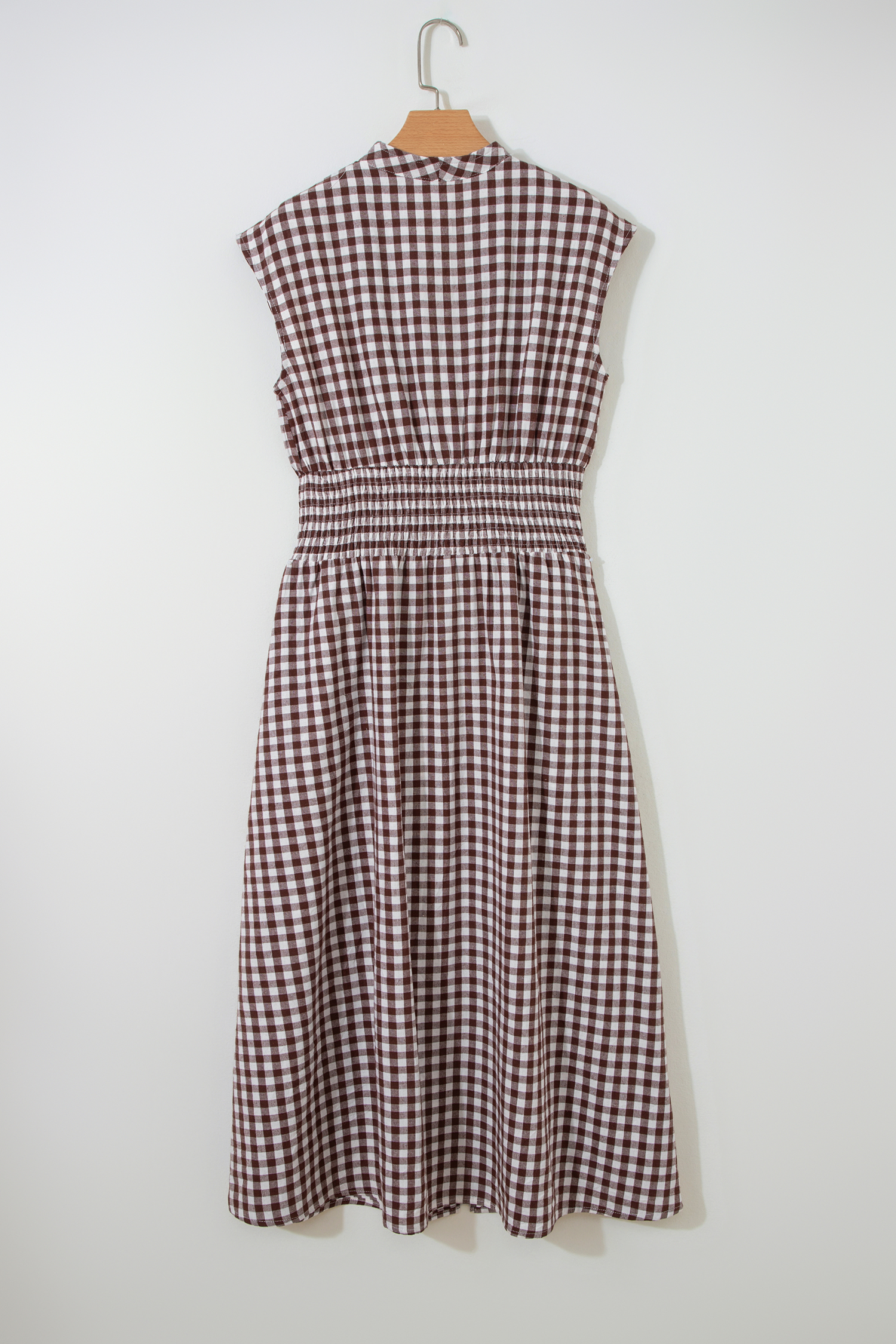 Coffee Plaid Print Full Zipper Cinched Waist Fit Flare Sleeveless Maxi Dress view 14