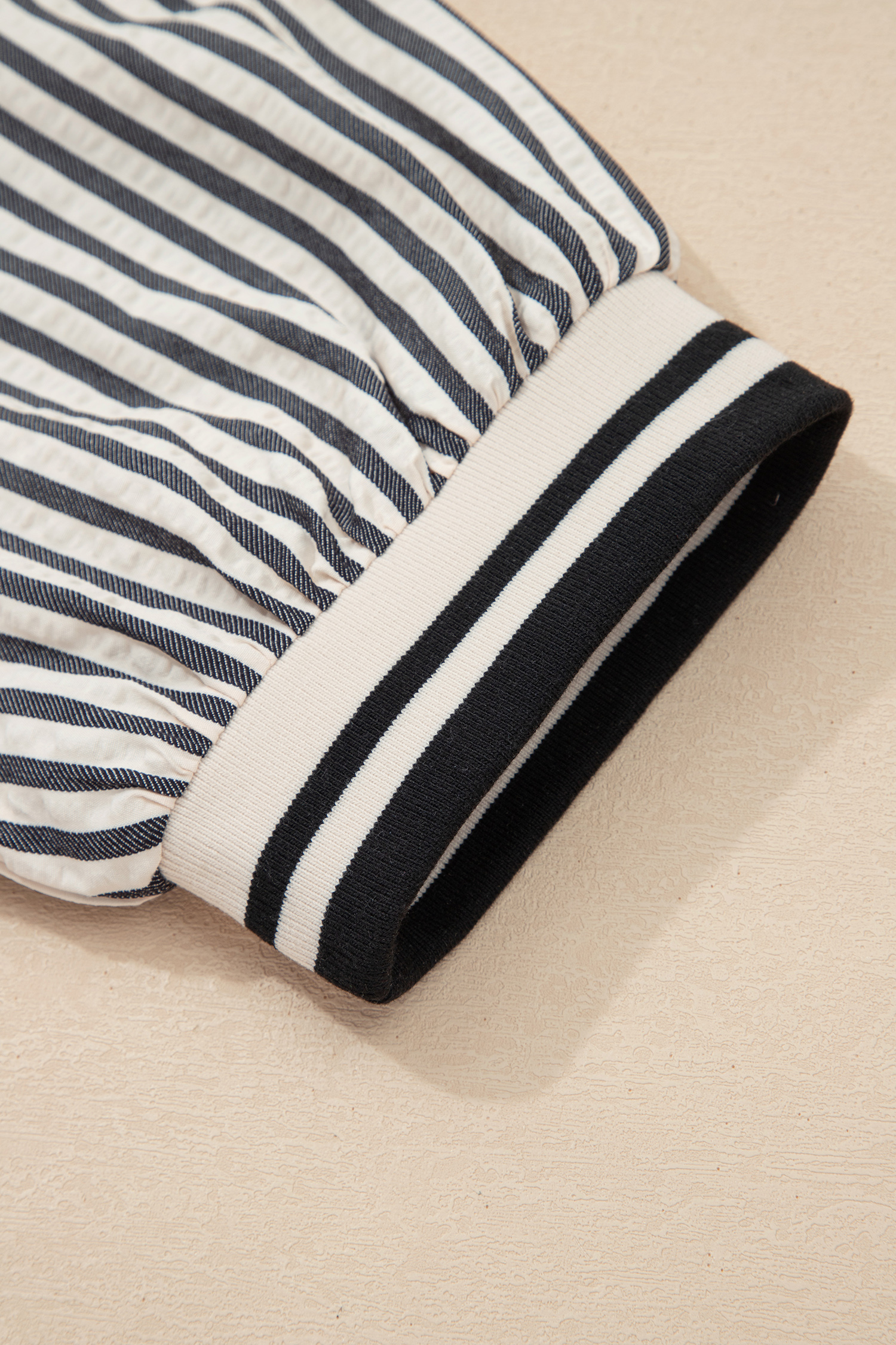 Black Stripe Polo Collar Half Zip Short Puff Sleeve Blouse view 20
