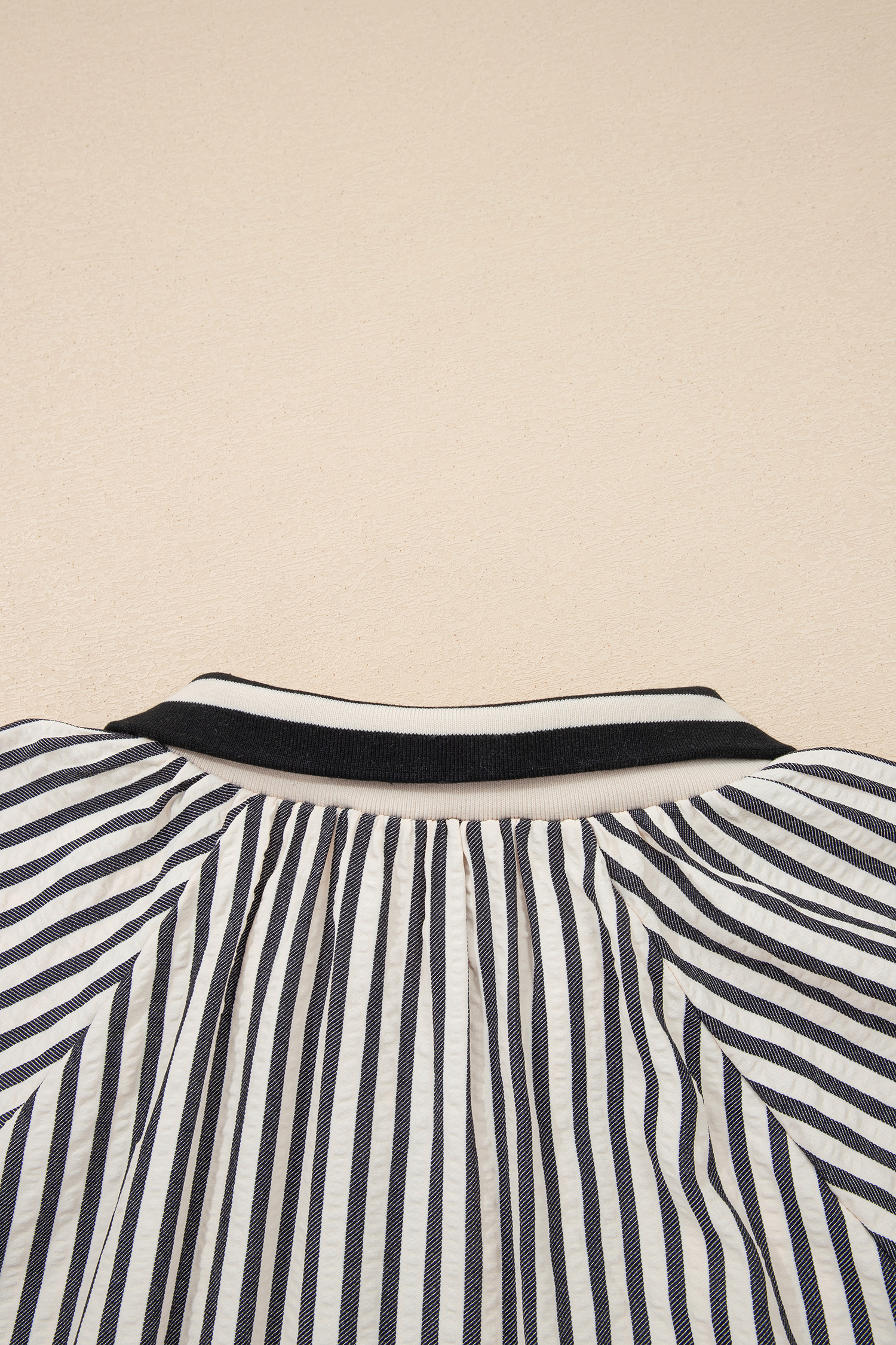 Black Stripe Polo Collar Half Zip Short Puff Sleeve Blouse view 21