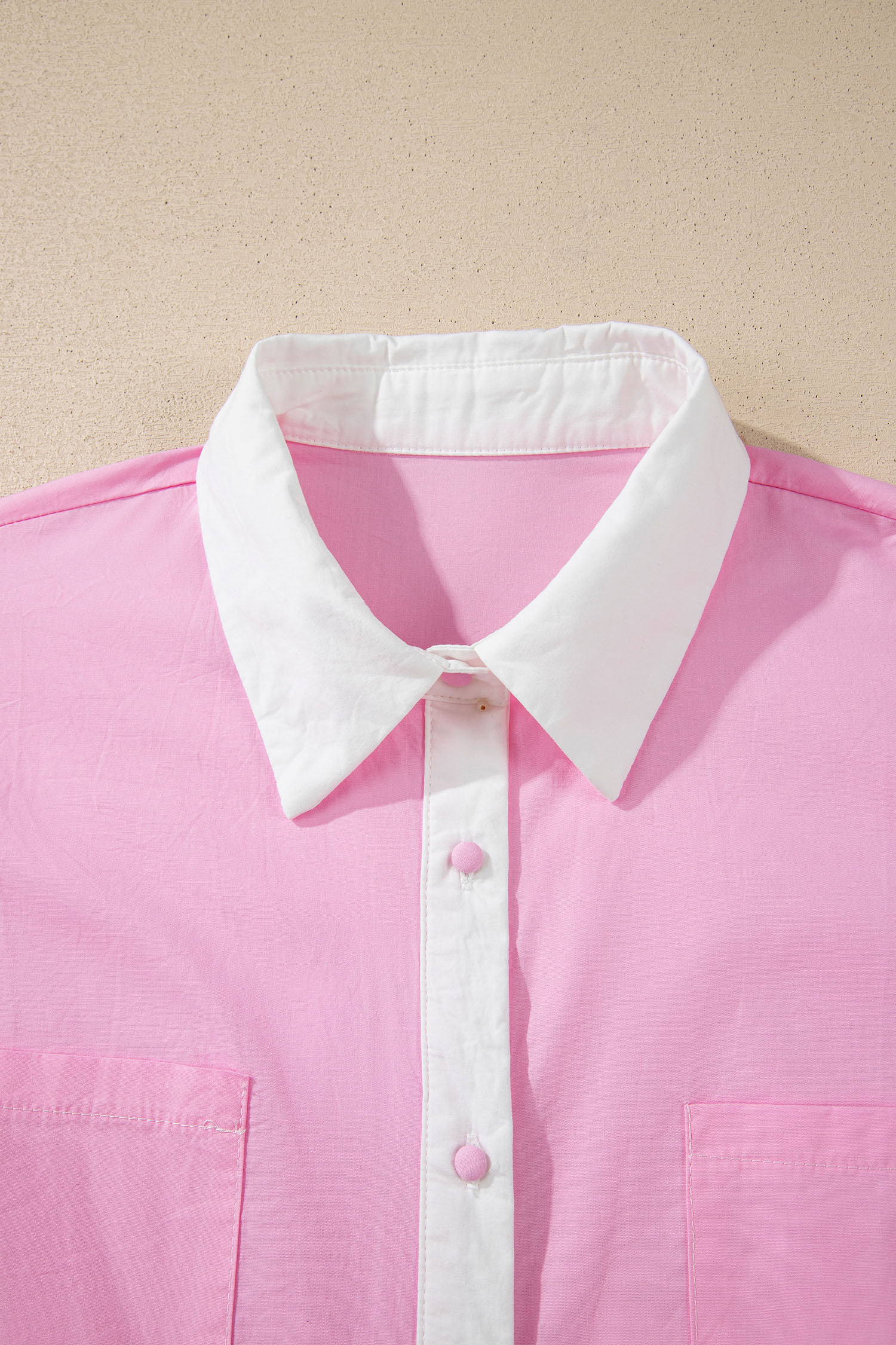 Pink Hollow-out Floral Contrast Patchwork Short Sleeve Button Up Shirt view 21