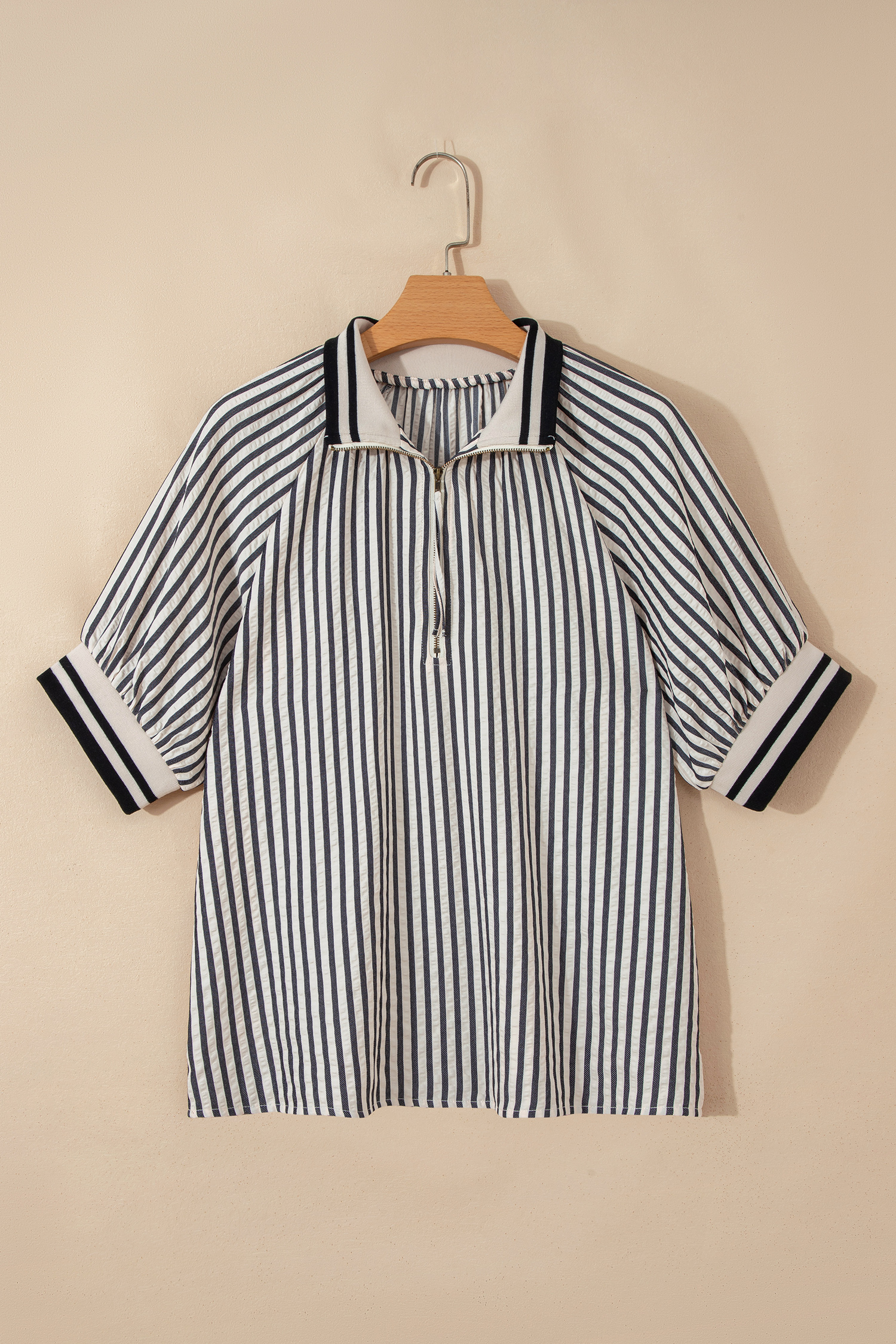 Black Stripe Polo Collar Half Zip Short Puff Sleeve Blouse view 17