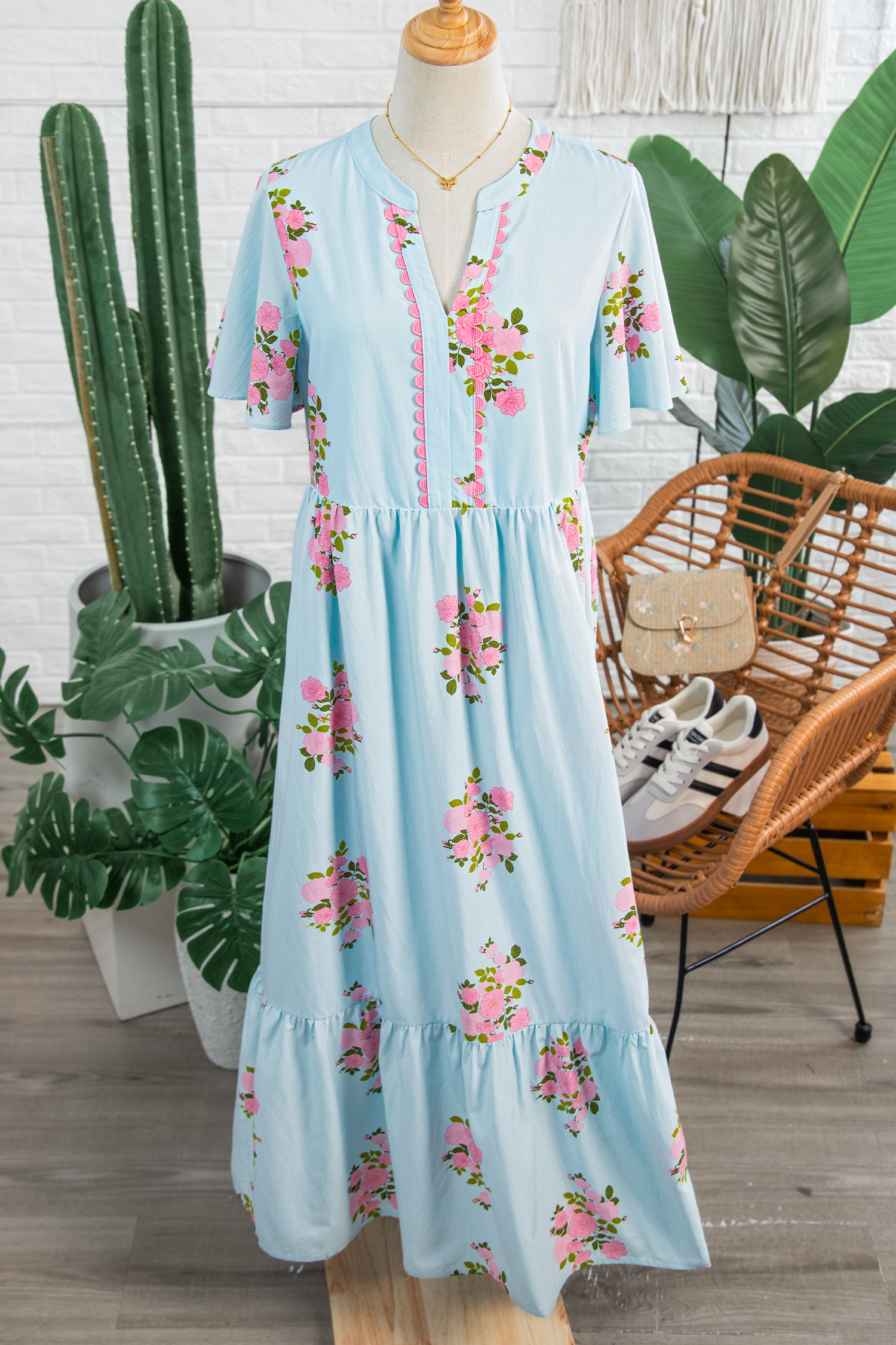 Sky Blue Notched Neck Flutter Short Sleeve Floral Print Maxi Dress view 12