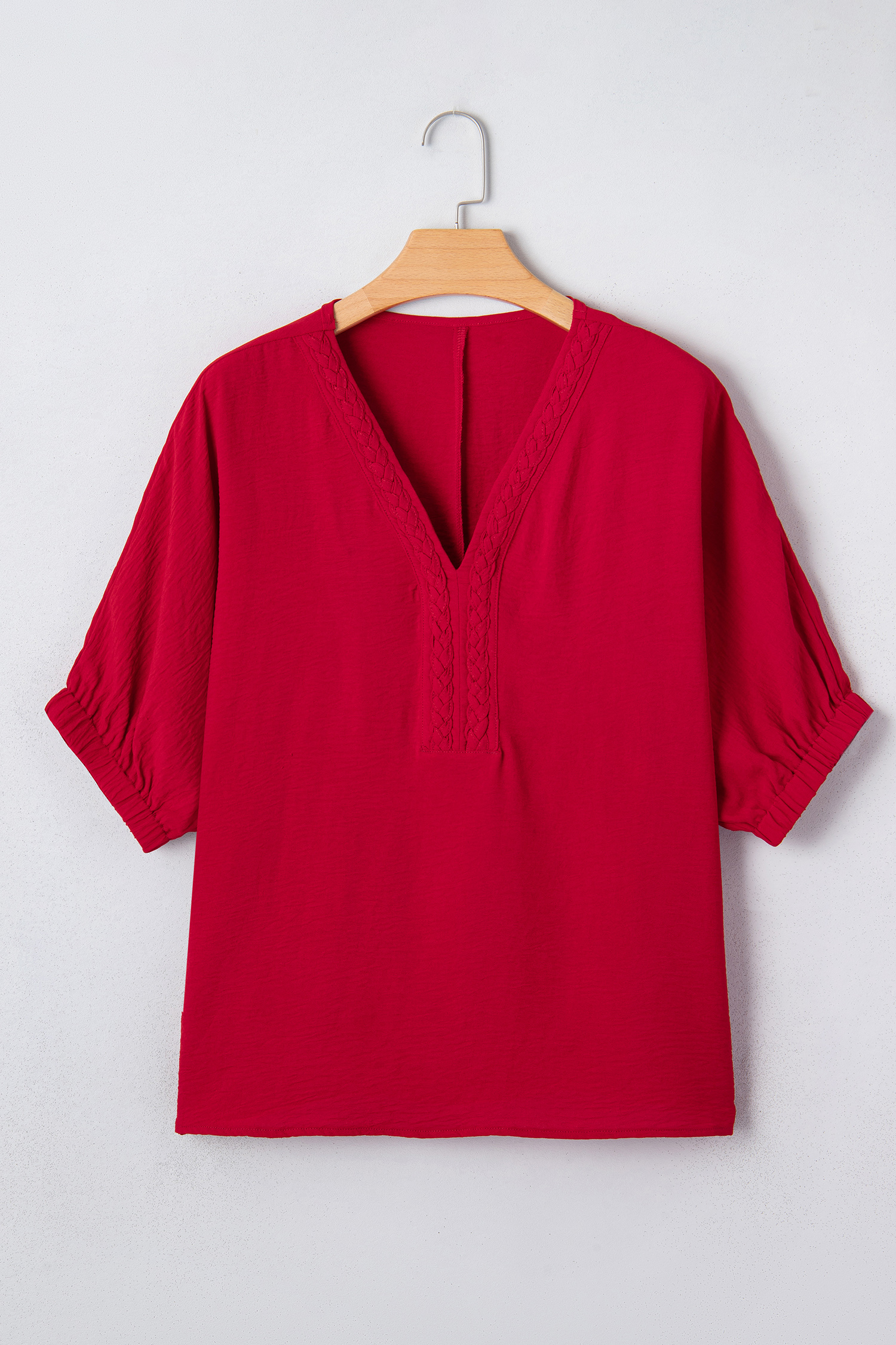 Racing Red Braided Trim V Neck Half Sleeve Blouse view 15