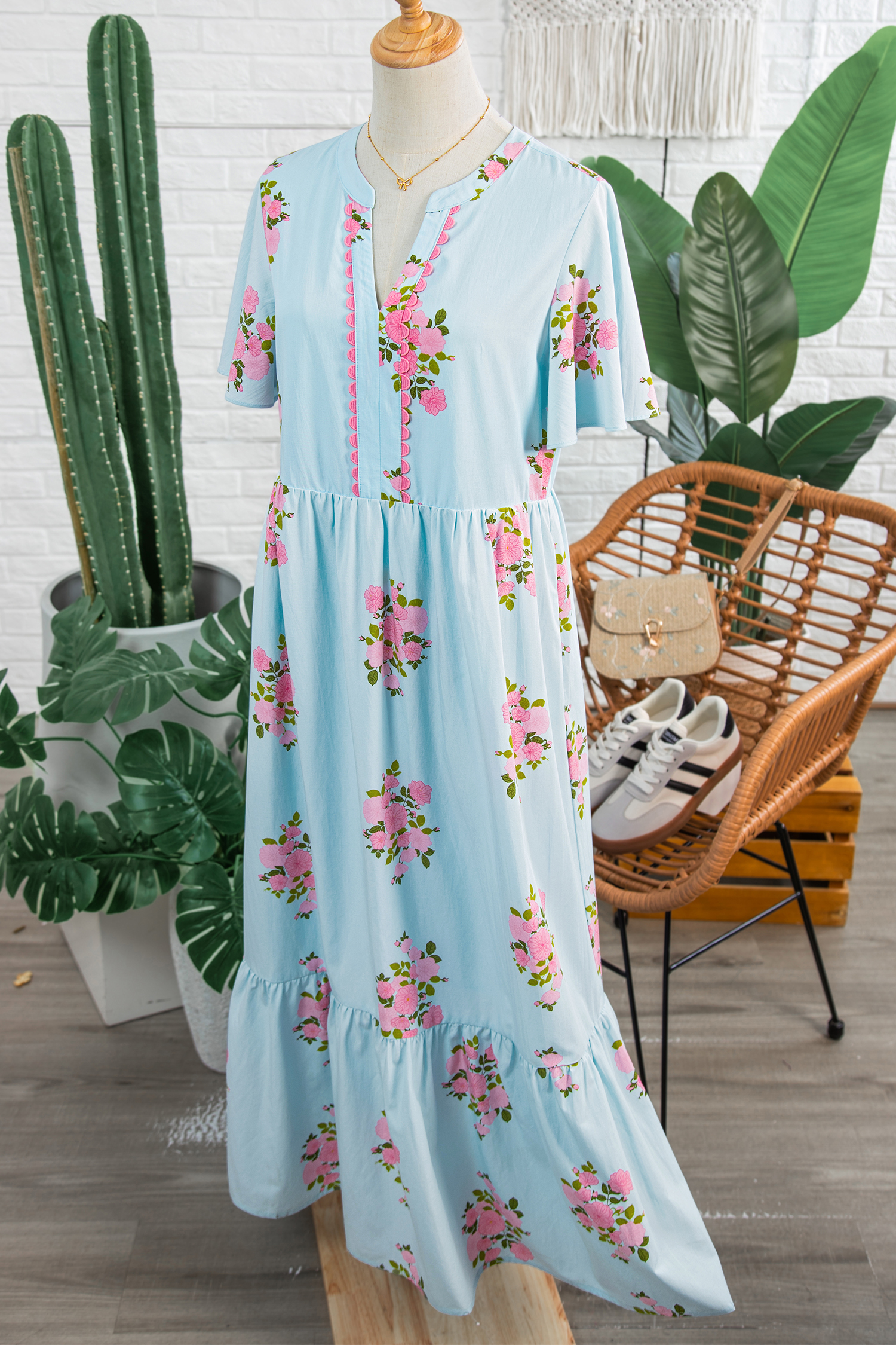 Sky Blue Notched Neck Flutter Short Sleeve Floral Print Maxi Dress view 14