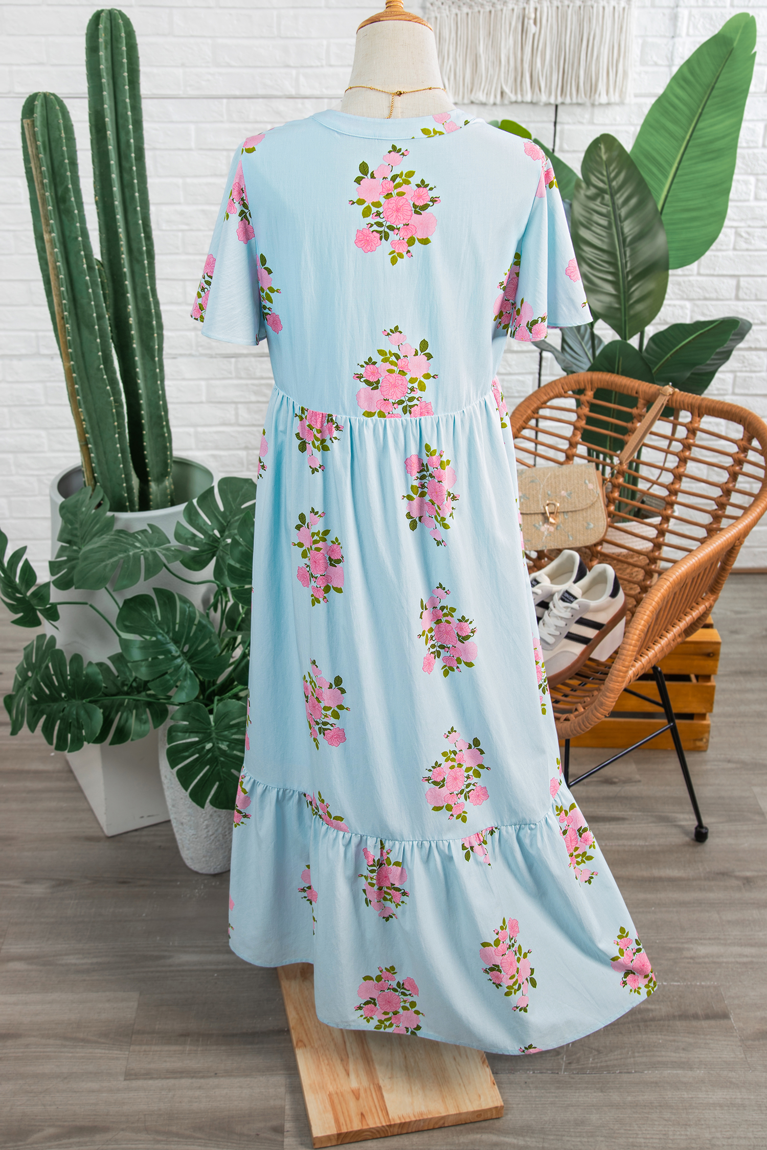Sky Blue Notched Neck Flutter Short Sleeve Floral Print Maxi Dress view 13