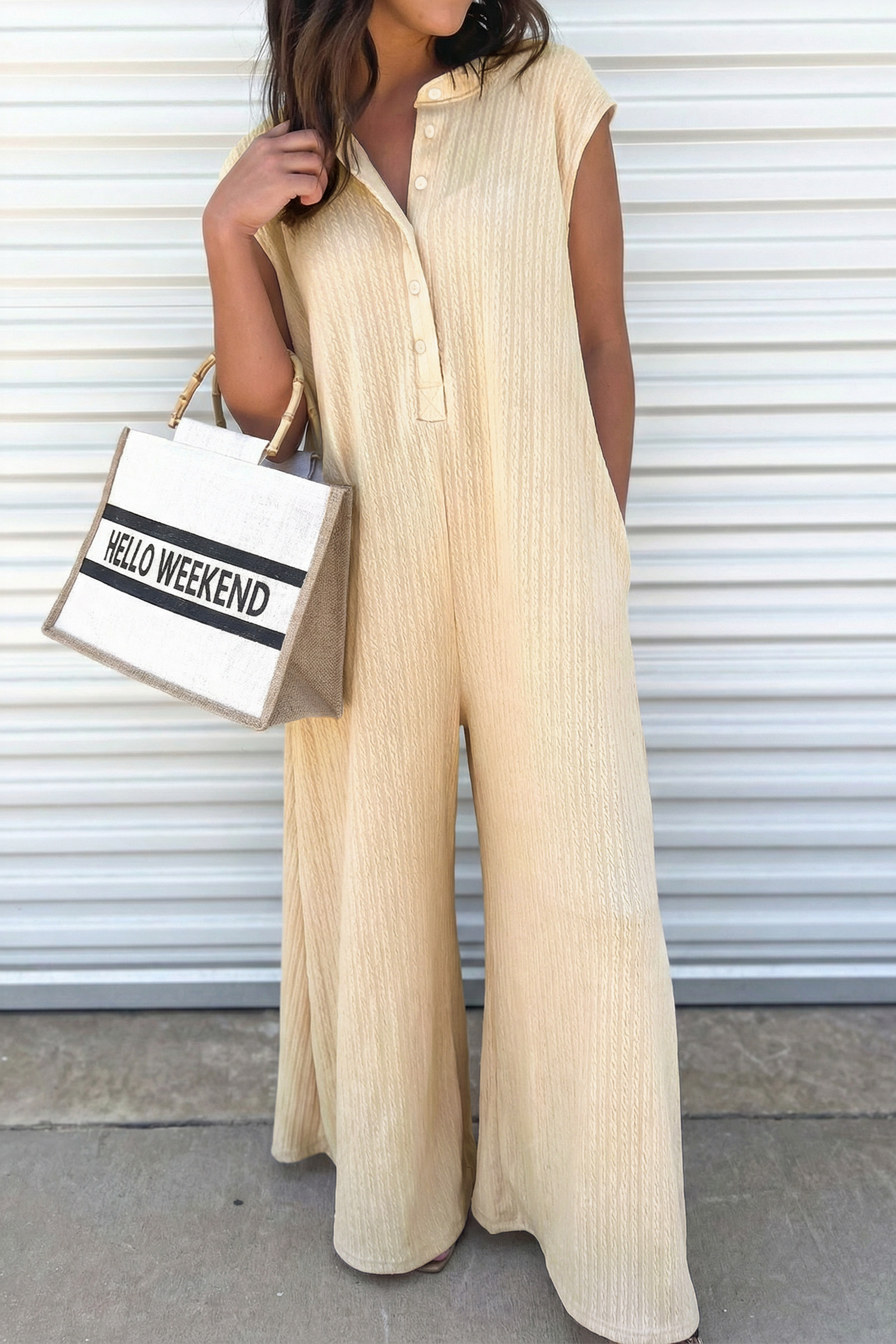 Jet Stream Half Buttons Ribbed Knit Wide Leg Jumpsuit view 9