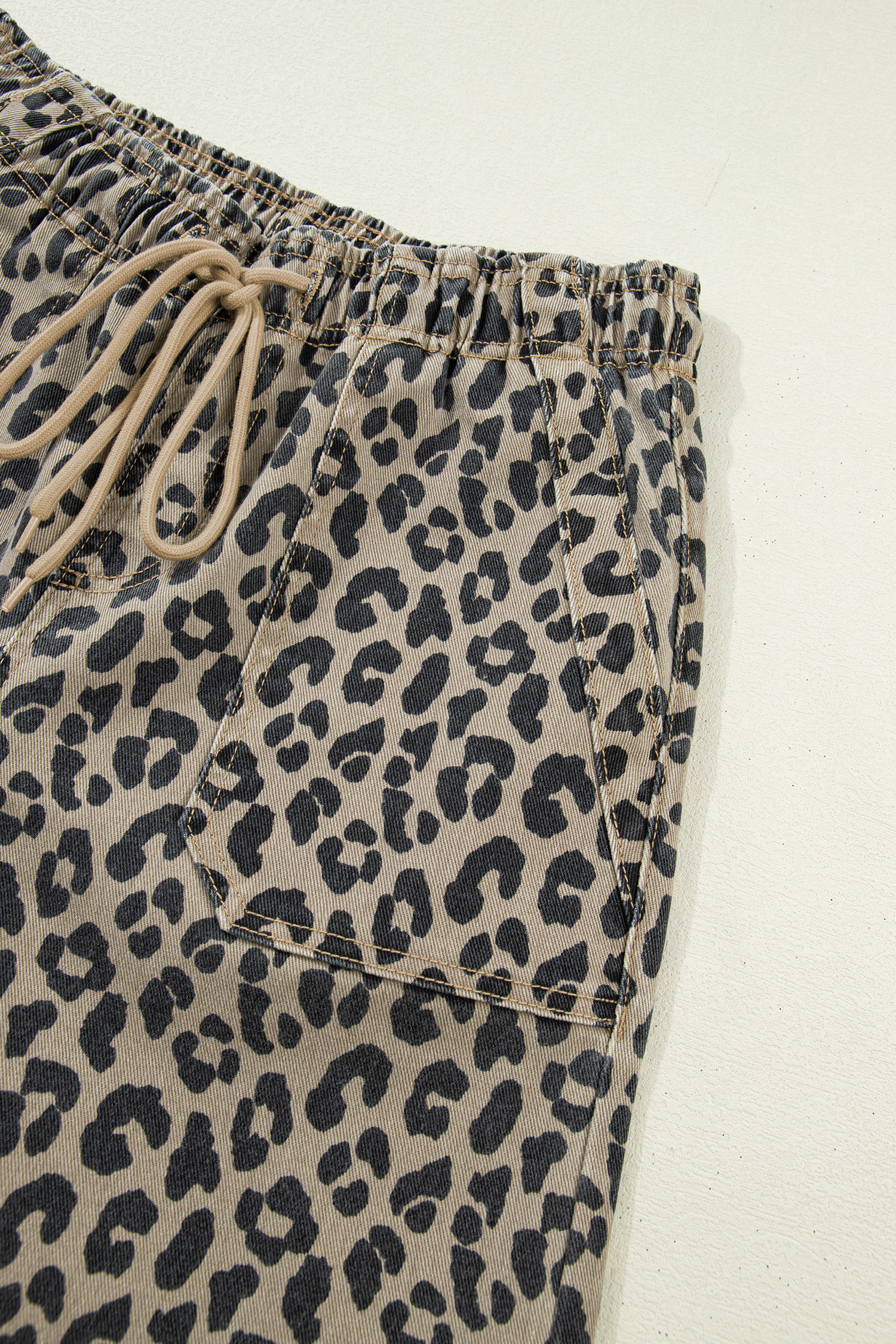 Khaki Leopard Print Drawstring Elastic Waist Loose Denim Pants with Pockets view 19