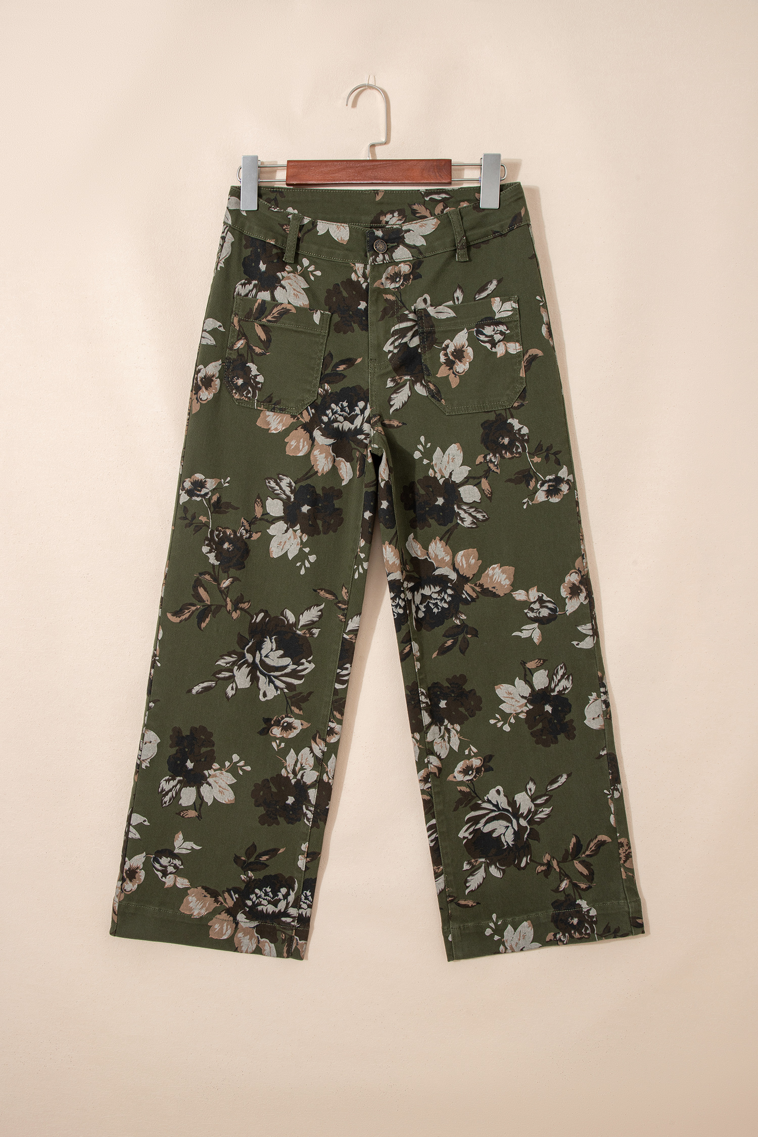 Green Vintage Floral Print Square Patch Pocket Raw Hem Shift Jeans view 11