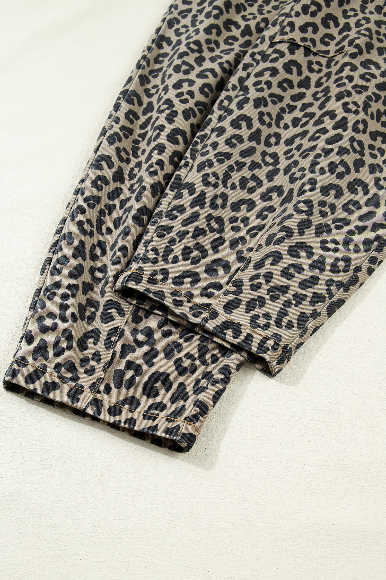 Khaki Leopard Print Drawstring Elastic Waist Loose Denim Pants with Pockets view 17
