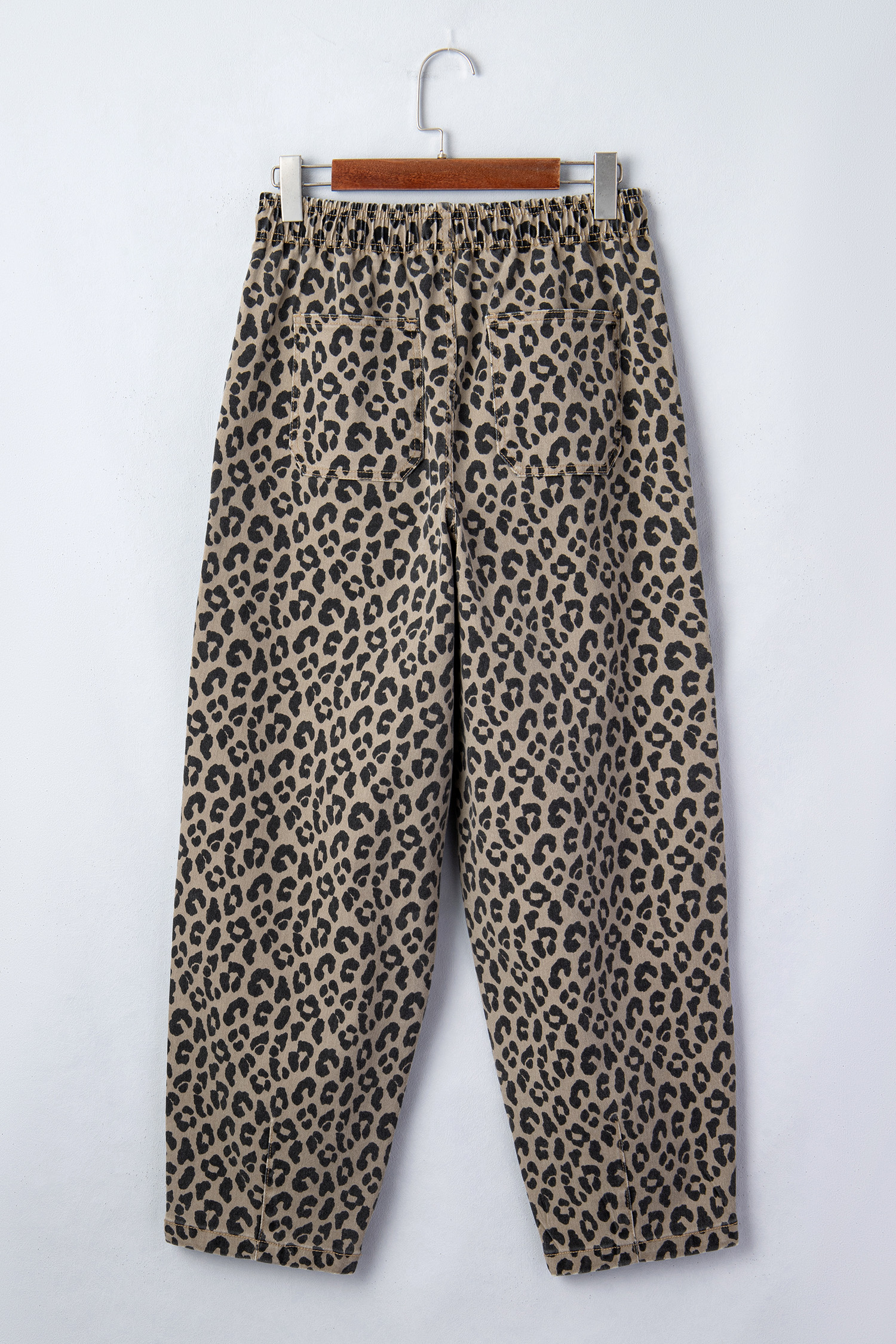 Khaki Leopard Print Drawstring Elastic Waist Loose Denim Pants with Pockets view 12