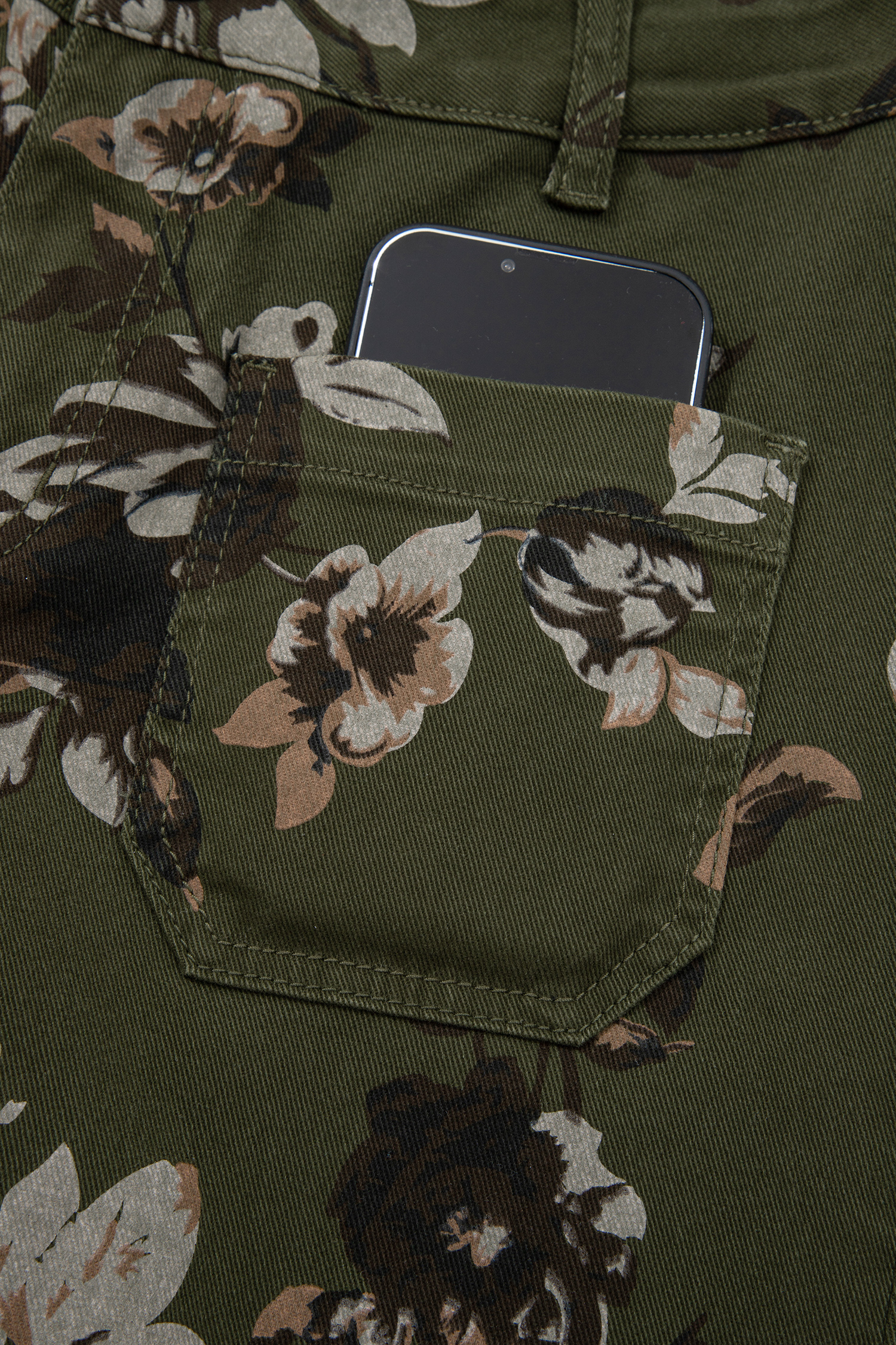 Green Vintage Floral Print Square Patch Pocket Raw Hem Shift Jeans view 14